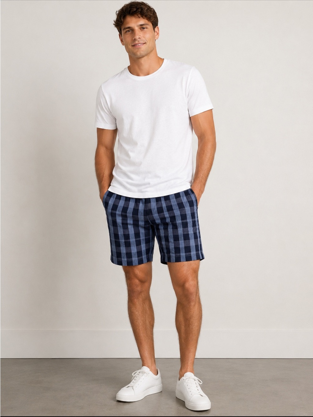 Tommy Bahama Navy and Blue Plaid Flat Front Shorts Linen Silk Blend
